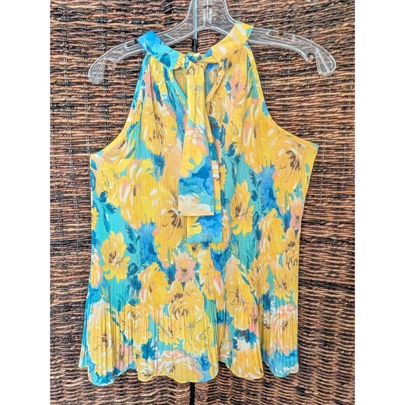 Keren Hart Floral Halter Neck Tie Back Accordian Pleats Artsy Top Womens Medium - Picture 3 of 7